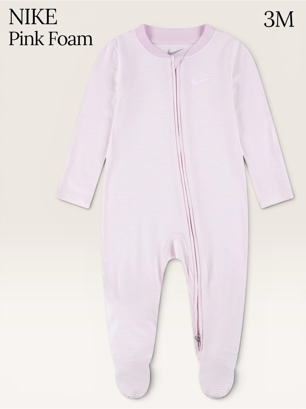 NWT Nike Pink Foam Tonal Stripe Zip Footed Sleeper 3 Months, Ultra Soft & Silky